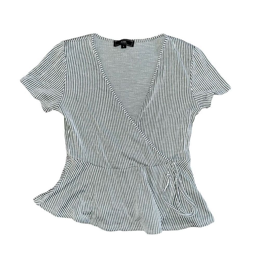 VIBE Faux Wrap Green & White Short Sleeve Blouse Size Large